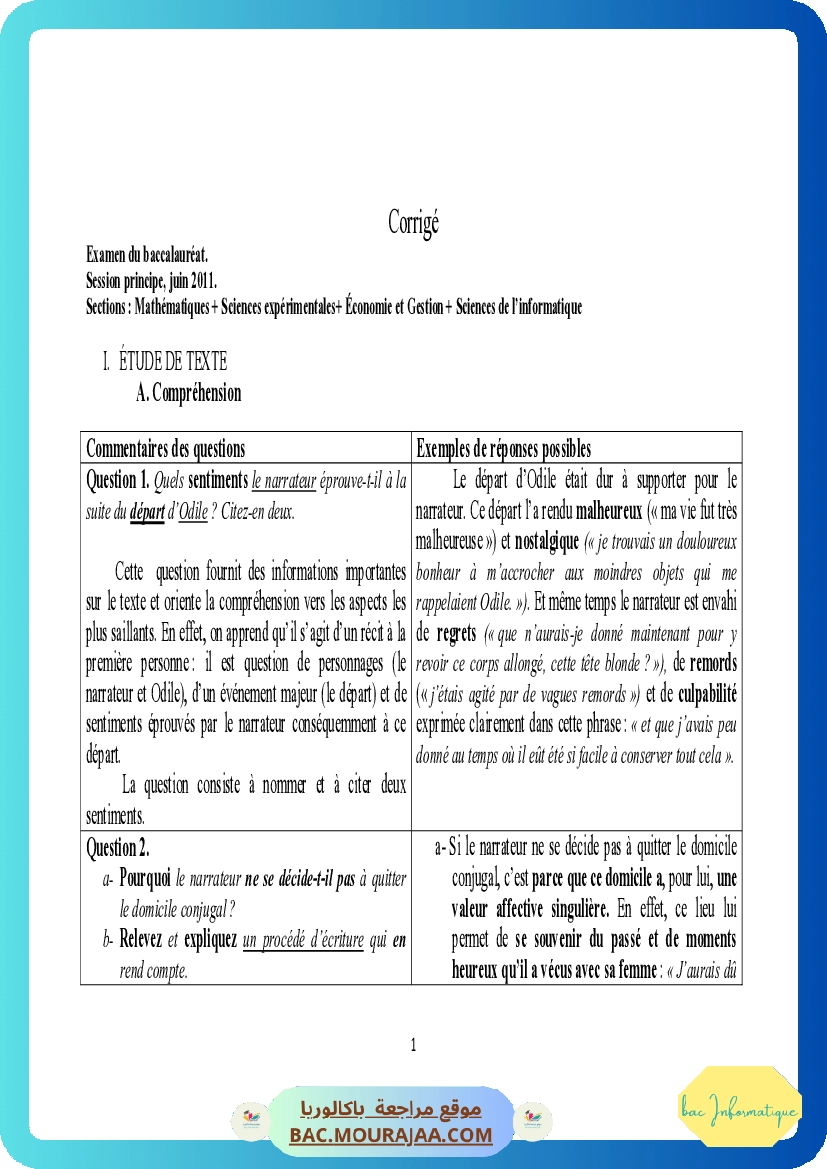 Corrigé principale francais Bac 2011 – Section info
